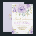Sweet 16 Birthday Paarse Gouden Bloem Sweet Sixtee Kaart<br><div class="desc">Dit vrouwelijke ontwerp biedt prachtige waterverf paarse rozen met gouden bladaccenten</div>