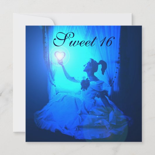 SWEET 16 BIRTHDAY PARTIJ, BLAUW ZWARTE WITTE DAMAS KAART (Voorkant)