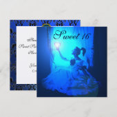 SWEET 16 BIRTHDAY PARTIJ, BLAUW ZWARTE WITTE DAMAS KAART (Voorkant / Achterkant)