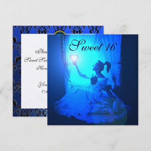 SWEET 16 BIRTHDAY PARTIJ, BLAUW ZWARTE WITTE DAMAS KAART (Voorkant / Achterkant)