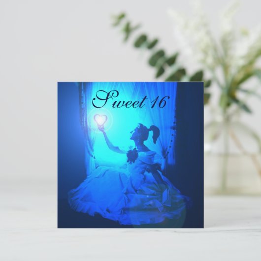 SWEET 16 BIRTHDAY PARTIJ, BLAUW ZWARTE WITTE DAMAS KAART (Staand voorkant)