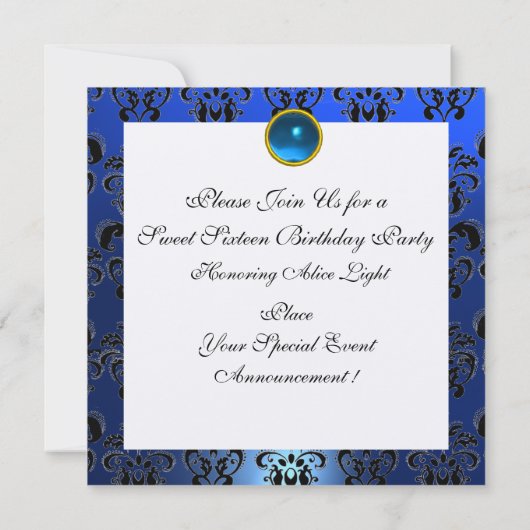 SWEET 16 BIRTHDAY PARTIJ, BLAUW ZWARTE WITTE DAMAS KAART (Achterkant)