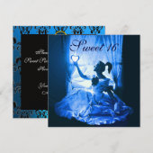 SWEET 16 BIRTHDAY PARTIJ, BLAUW ZWARTE WITTE DAMAS KAART (Voorkant / Achterkant)