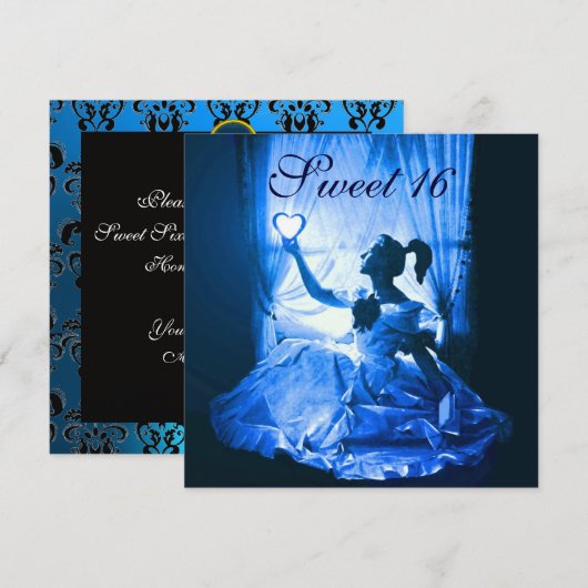 SWEET 16 BIRTHDAY PARTIJ, BLAUW ZWARTE WITTE DAMAS KAART (Voorkant / Achterkant)