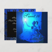 SWEET 16 BIRTHDAY PARTIJ, BLAUW ZWARTE WITTE DAMAS KAART (Voorkant / Achterkant)