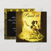 SWEET 16 BIRTHDAY PARTIJ, GEEL ZWART WIT DAMASK KAART (Voorkant / Achterkant)