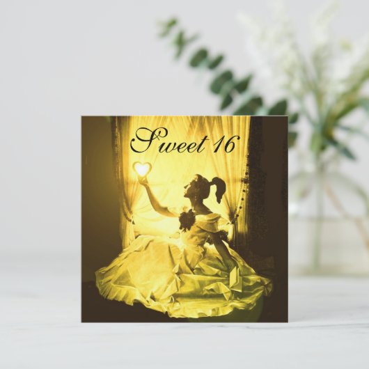 SWEET 16 BIRTHDAY PARTIJ, GEEL ZWART WIT DAMASK KAART (Staand voorkant)