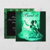 SWEET 16 BIRTHDAY PARTIJ, GROENE GEEL ZWARTE DAMAS KAART (Voorkant / Achterkant)