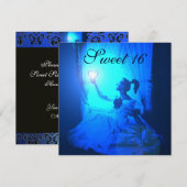 SWEET 16 BIRTHDAY PARTY, AQUA BLUE BLACK DAMASK KAART (Voorkant / Achterkant)