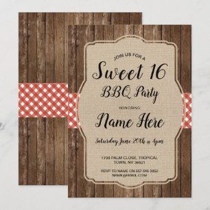 Sweet 16 Birthday Party BBQ Red Gingham Burlap Kaart