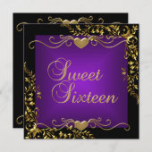 Sweet 16 Birthday Party Black Gold Deep Paars Kaart (Voorkant / Achterkant)
