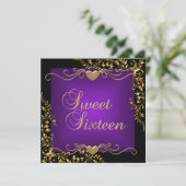 Sweet 16 Birthday Party Black Gold Deep Paars Kaart (Staand voorkant)
