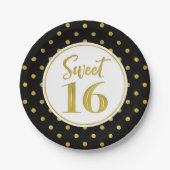 Sweet 16 Birthday Party Black White Gold Stippen Papieren Bordje (Voorkant)