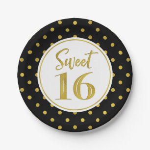 Sweet 16 Birthday Party Black White Gold Stippen Papieren Bordje