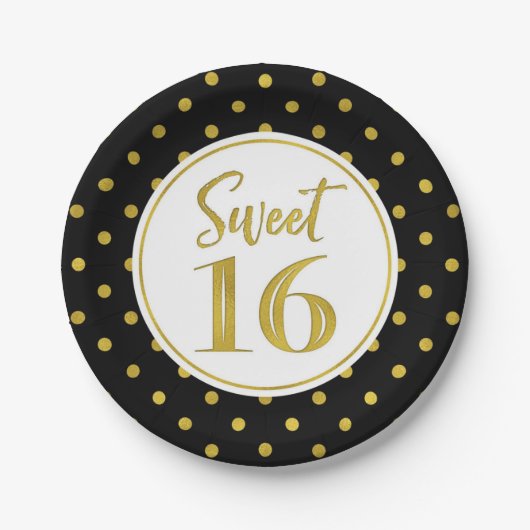 Sweet 16 Birthday Party Black White Gold Stippen Papieren Bordje (Voorkant)