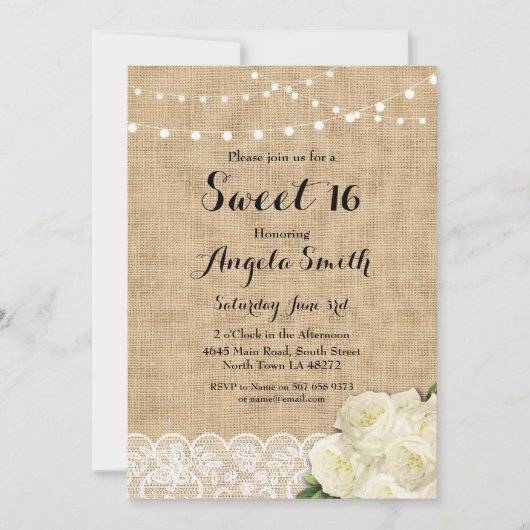 Sweet 16 Birthday Party Burlap Lace Rozen Invite Kaart (Voorkant)