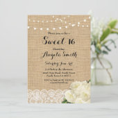 Sweet 16 Birthday Party Burlap Lace Rozen Invite Kaart (Staand voorkant)