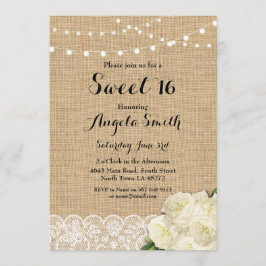 Sweet 16 Birthday Party Burlap Lace Rozen Invite Kaart