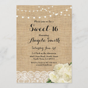Sweet 16 Birthday Party Burlap Lace Rozen Invite Kaart