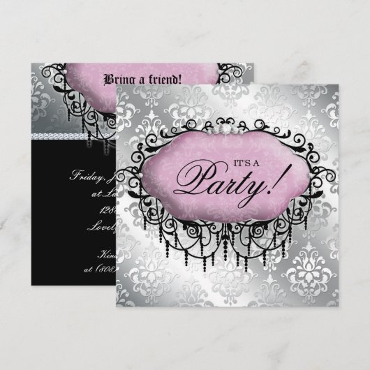 Sweet 16 Birthday Party Cool Damask Pink Silver Kaart (Voorkant / Achterkant)