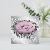 Sweet 16 Birthday Party Cool Damask Pink Silver Kaart (Staand voorkant)