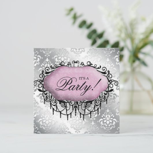 Sweet 16 Birthday Party Cool Damask Pink Silver Kaart (Staand voorkant)