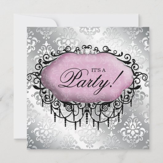 Sweet 16 Birthday Party Cool Damask Pink Silver Kaart (Voorkant)