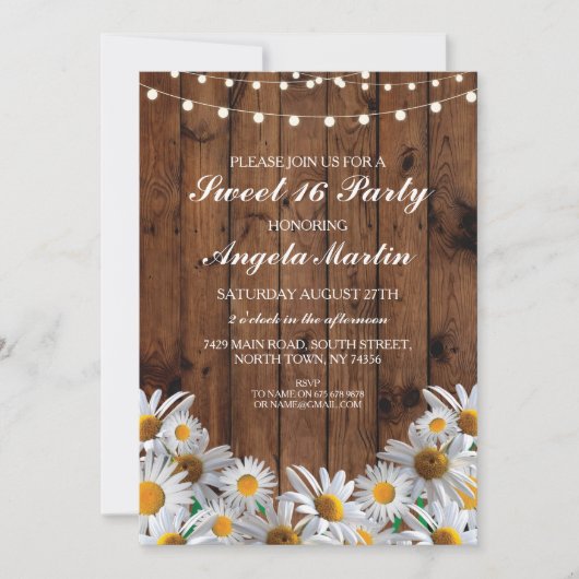 Sweet 16 Birthday Party Daisy Wood Lichten Invite Kaart (Voorkant)