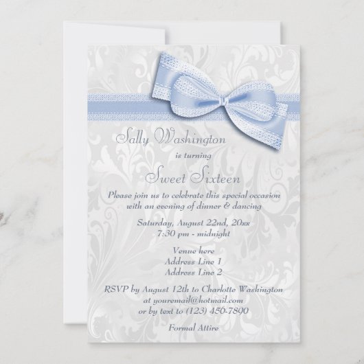 Sweet 16 Birthday Party Damask en Faux Bow Kaart (Achterkant)