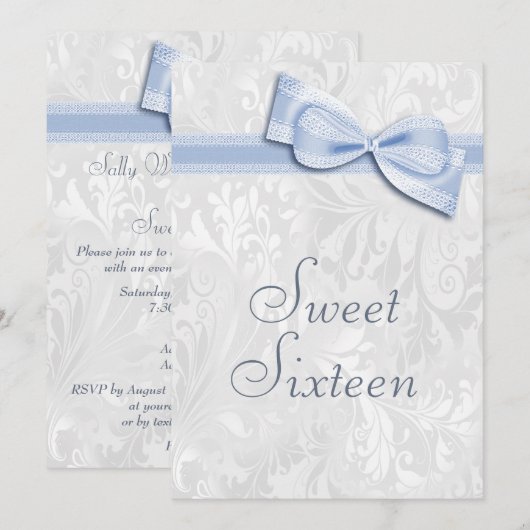 Sweet 16 Birthday Party Damask en Faux Bow Kaart (Voorkant / Achterkant)