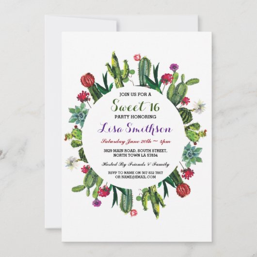 Sweet 16 Birthday Party Fiesta Cactus Invitation Kaart (Voorkant)