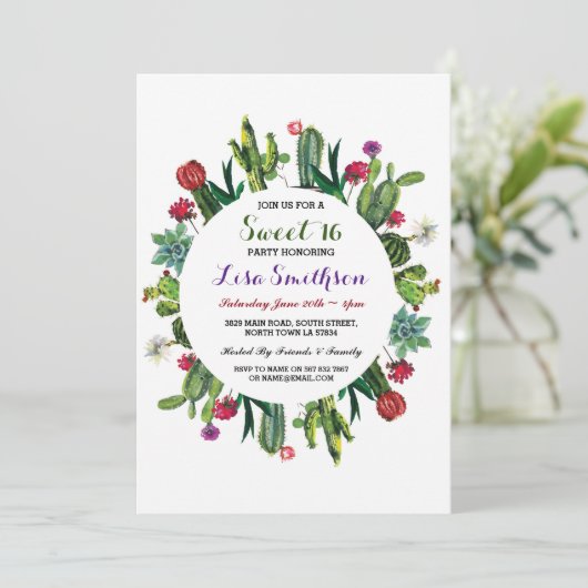 Sweet 16 Birthday Party Fiesta Cactus Invitation Kaart (Staand voorkant)