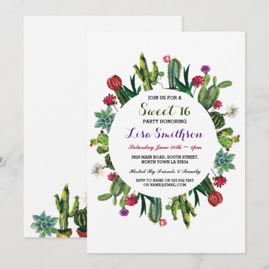 Sweet 16 Birthday Party Fiesta Cactus Invitation Kaart (Voorkant / Achterkant)