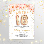 Sweet 16 Birthday Party - Floral Gold Balloons Kaart<br><div class="desc">Lieve uitnodiging van 16 verjaardagsfeestjes. Elegant design in faux glitter Gold met florale accenten. Nodig kaart met gouden 16 ballonnen,  manuscriptdoopvont met confetti uit. Blush koraalroze,  wit. Ideaal voor een stijlvolle zestiende feestdag. Bericht me als je aangepaste leeftijd nodig hebt.</div>