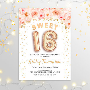 Sweet 16 Birthday Party - Floral Gold Balloons Kaart