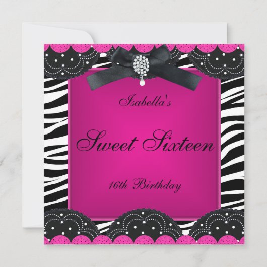 Sweet 16 Birthday Party Hot Pink Black White Zebra Kaart (Voorkant)