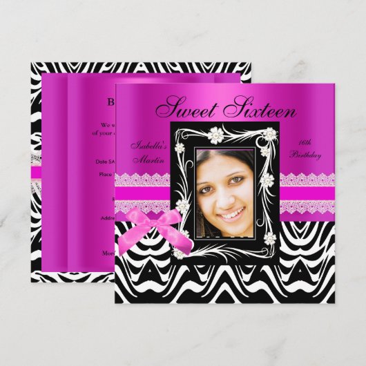 Sweet 16 Birthday Party Hot Pink Black Zebra Kaart (Voorkant / Achterkant)