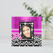 Sweet 16 Birthday Party Hot Pink Black Zebra Kaart (Staand voorkant)