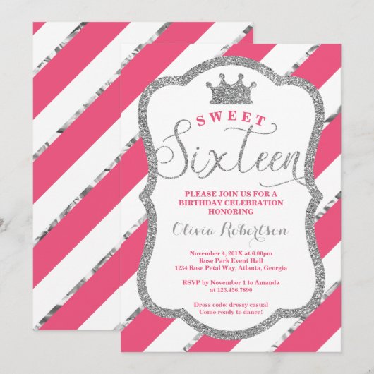 Sweet 16 Birthday Party Invite, Faux Glitter Kaart (Voorkant / Achterkant)