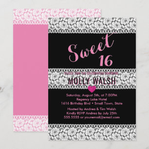 Sweet 16 Birthday Party Lace Black Pink Heart Kaart