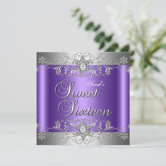 Sweet 16 Birthday Party Paars Silver Diamond Kaart (Staand voorkant)