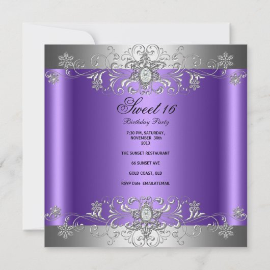 Sweet 16 Birthday Party Paars Silver Diamond Kaart (Achterkant)
