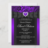 Sweet 16 Birthday Party Paarse Heart Damask Kaart (Voorkant)