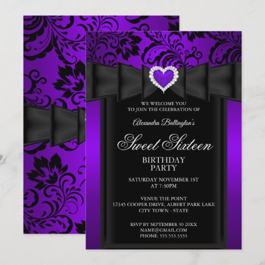 Sweet 16 Birthday Party Paarse Heart Damask Kaart (Voorkant / Achterkant)