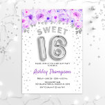 Sweet 16 Birthday Party - Paarse zilveren ballonne Kaart<br><div class="desc">Lieve uitnodiging van 16 verjaardagsfeestjes. Elegant design in faux glitter Silver met een bloemaccent. Nodig kaart met zilver aantal 16 ballonnen,  manuscriptdoopvont met confetti uit. Paars en wit. Ideaal voor een stijlvolle zestiende feestdag. Bericht me als je aangepaste leeftijd nodig hebt.</div>