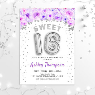 Sweet 16 Birthday Party - Paarse zilveren ballonne Kaart