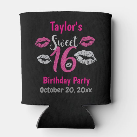 Sweet 16 Birthday Party Pink Black Glitter Sparkle Blikjeskoeler (Achterkant)