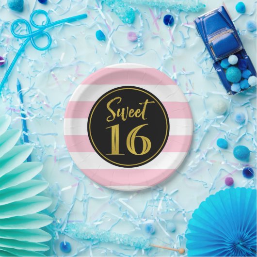 Sweet 16 Birthday Party Pink Black White Stripes P Papieren Bordje (Feest)