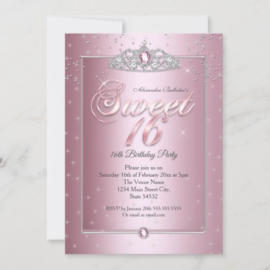 Sweet 16 Birthday Party Pink Diamond Silver Tiara Kaart (Voorkant)