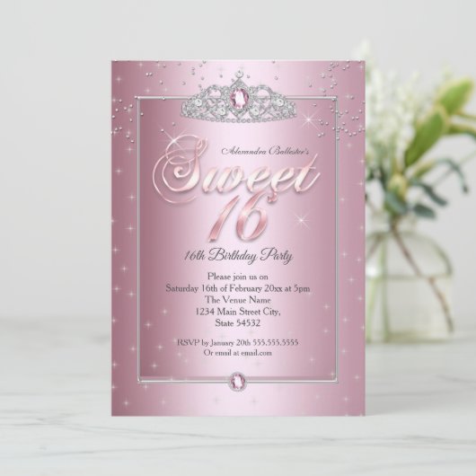 Sweet 16 Birthday Party Pink Diamond Silver Tiara Kaart (Staand voorkant)